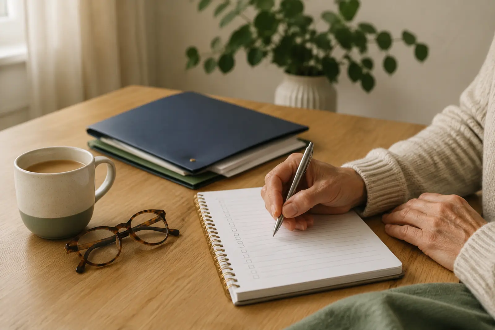 A calm home preparation table with notebook, folder and tea